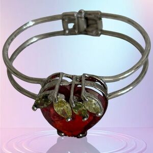 Heart Shape Stone 6.5" Wrist Cuff Bracelet Women's Red/Silver